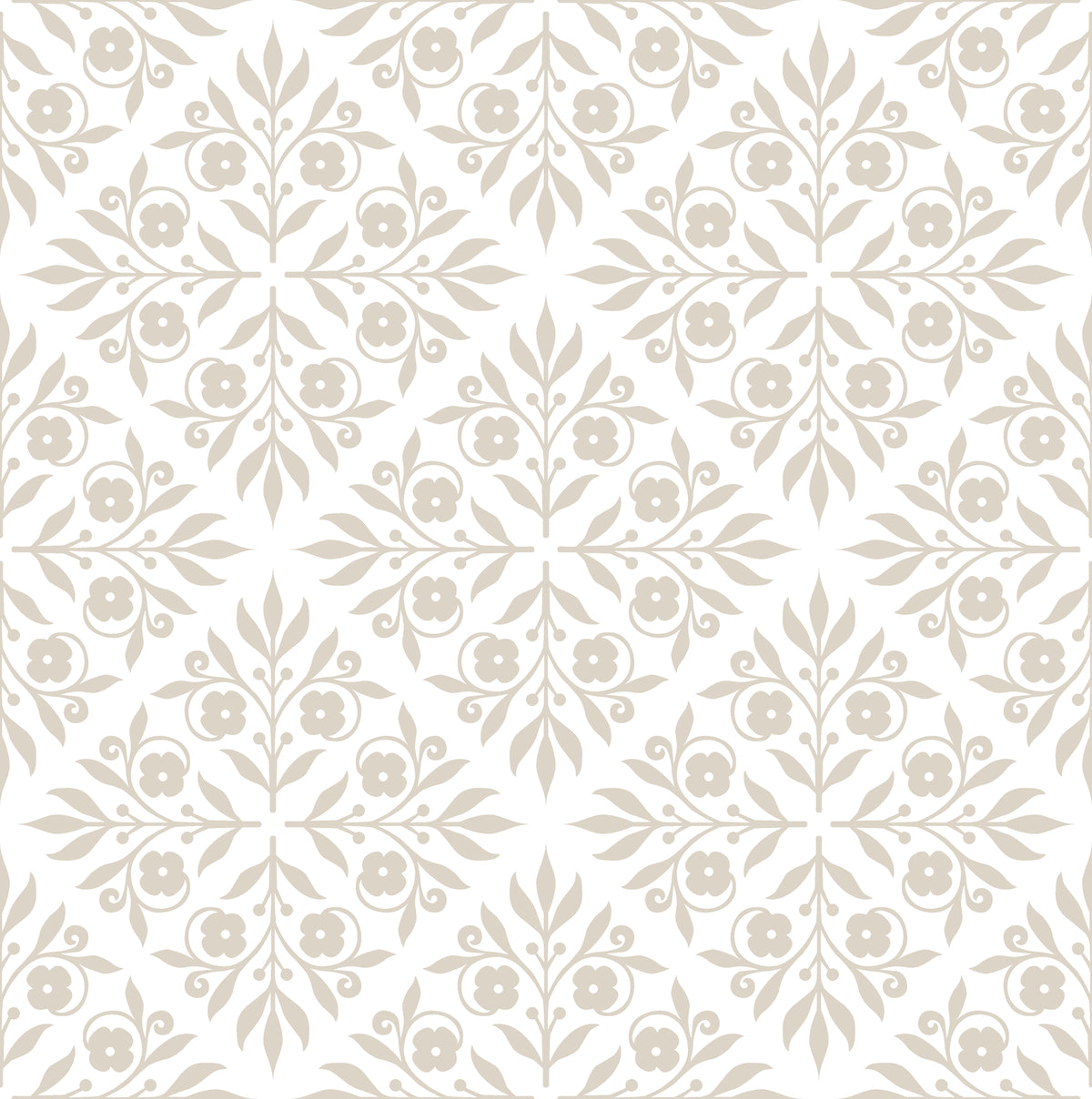 Elegant Soft Bouquet Opus wallpaper with beige floral damask pattern on white peel and stick background