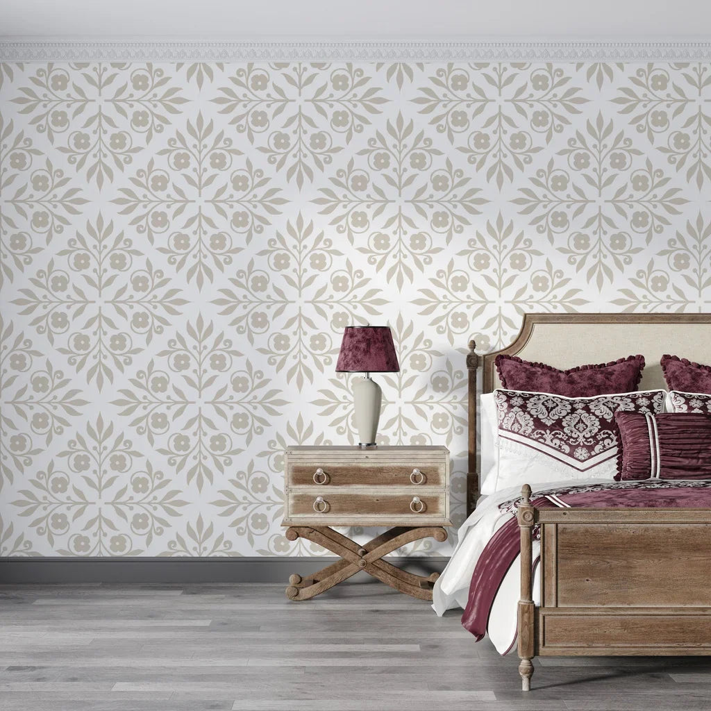 Taupe and cream Soft Bouquet Opus damask wallpaper in elegant bedroom with plum accents