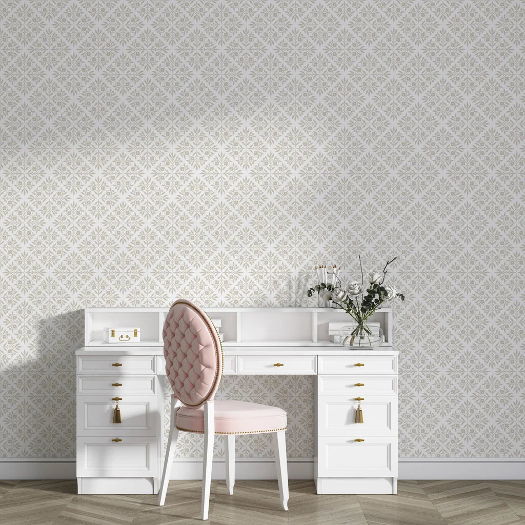 Soft Bouquet Opus damask wallpaper in beige and cream tones styling an elegant vanity workspace