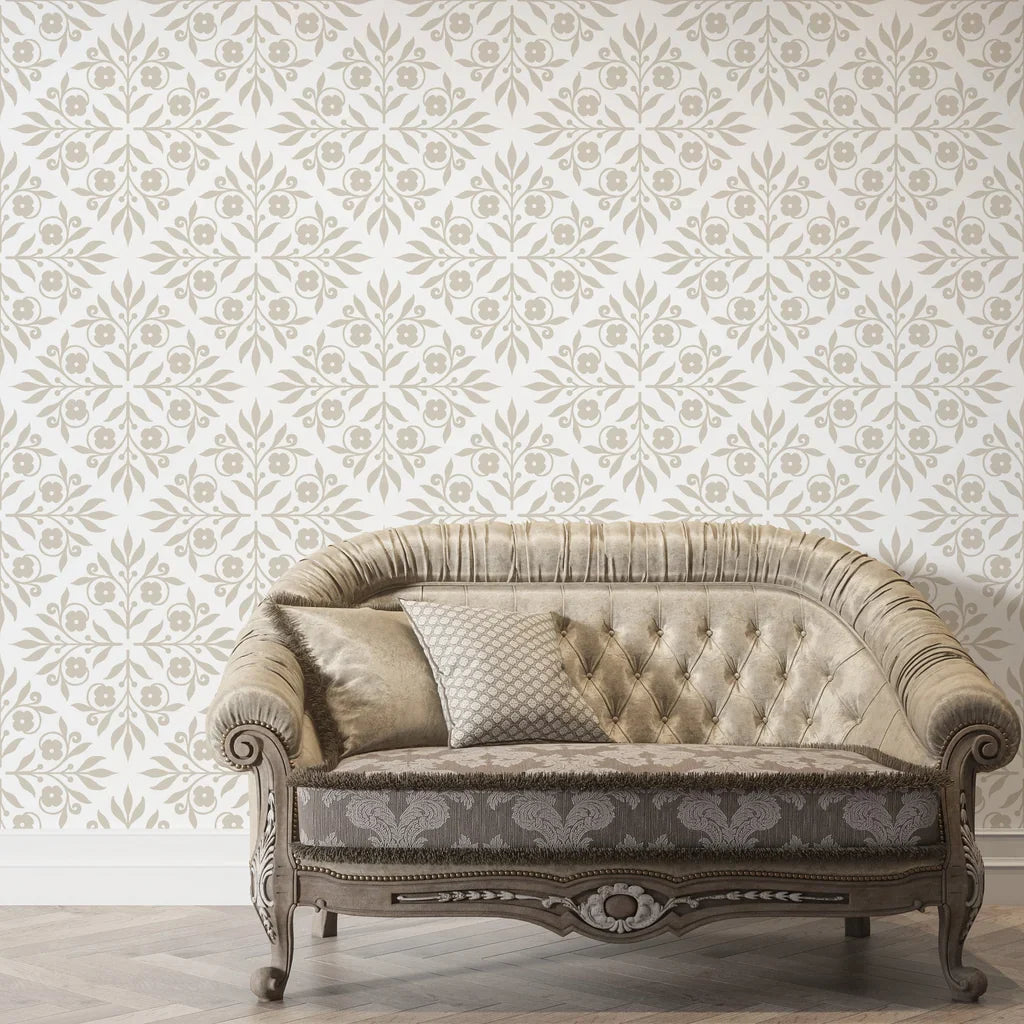 Soft Bouquet Opus wallpaper with beige damask pattern behind elegant tufted sofa in classic living room