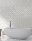 Beige and cream Soft Bouquet Opus peel and stick wallpaper in modern minimalist bathroom setting