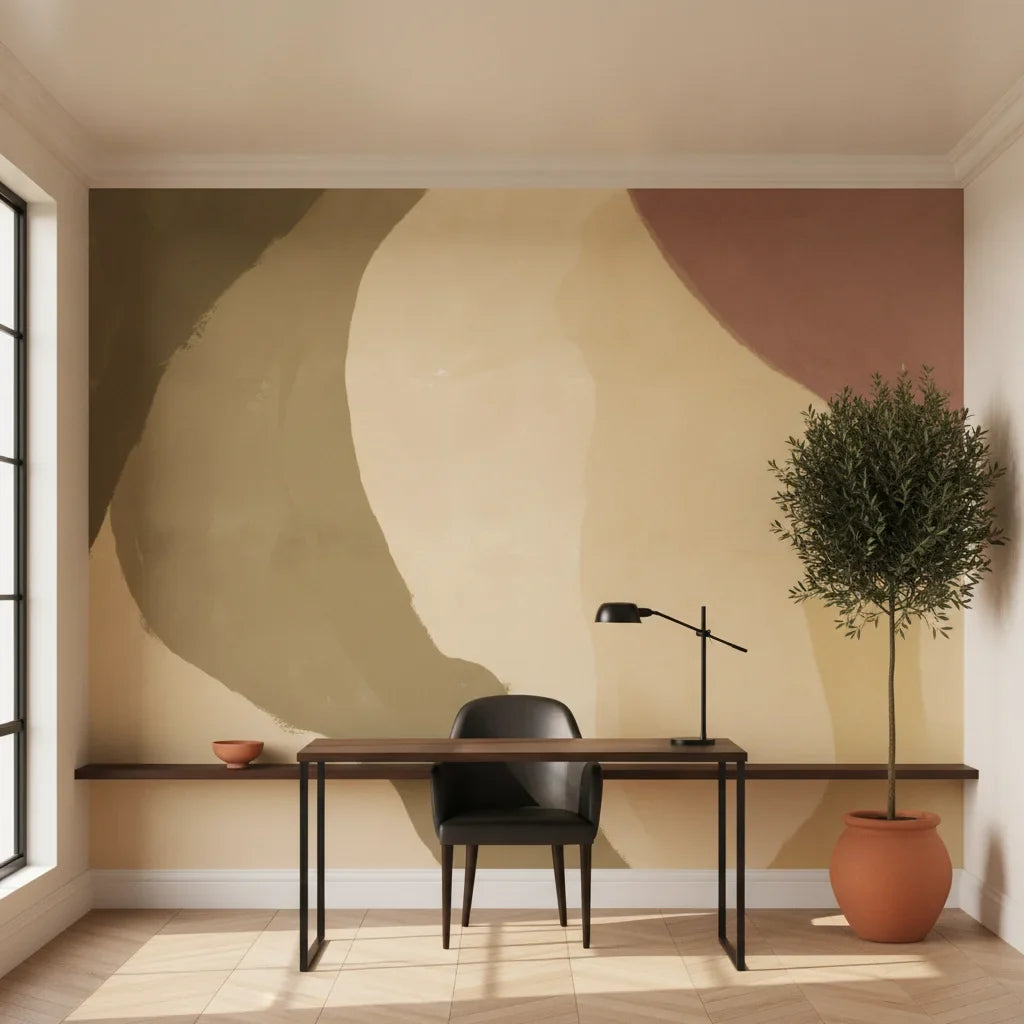 Soft Echo warm earthy abstract as a feature wall in a bright home office