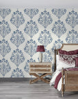 Blue and white damask Soft Petal Rhapsody wallpaper in elegant bedroom with burgundy bedding
