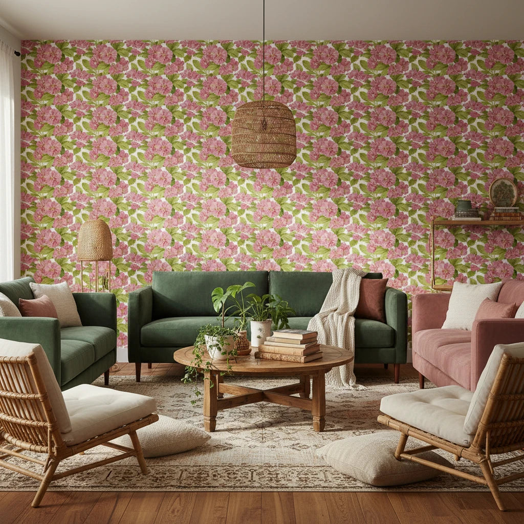 Soft Petal Wash romantic pink floral wallpaper in a warm and inviting living room