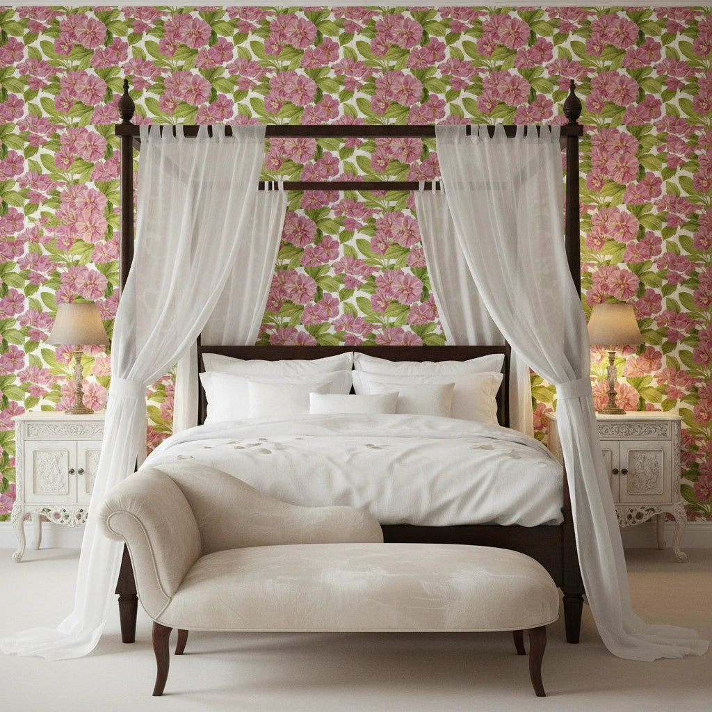 Soft Petal Wash romantic pink floral wallpaper adding character to a cozy bedroom