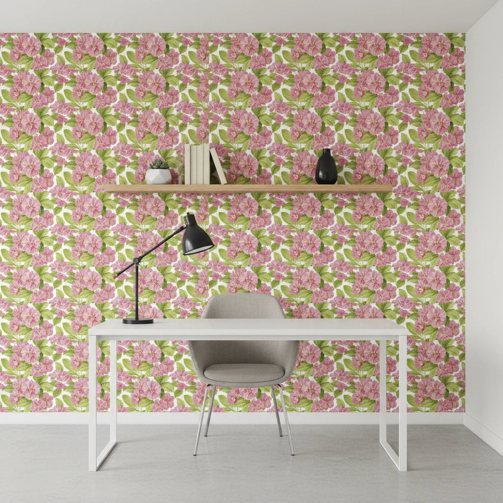 Soft Petal Wash romantic pink floral wallpaper as a feature wall in a bright home office
