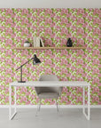 Soft Petal Wash romantic pink floral wallpaper as a feature wall in a bright home office