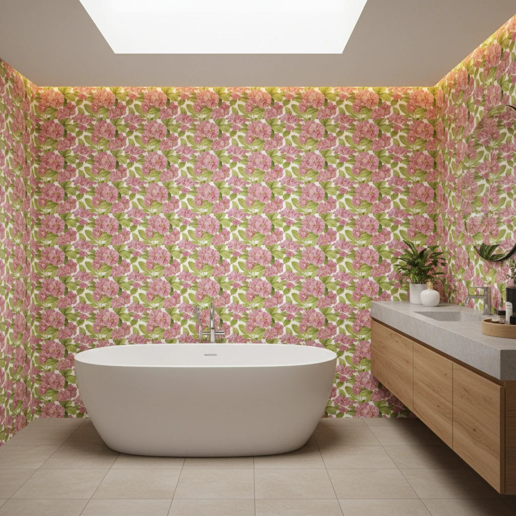 Soft Petal Wash romantic pink floral wallpaper creating ambiance in a serene bathroom