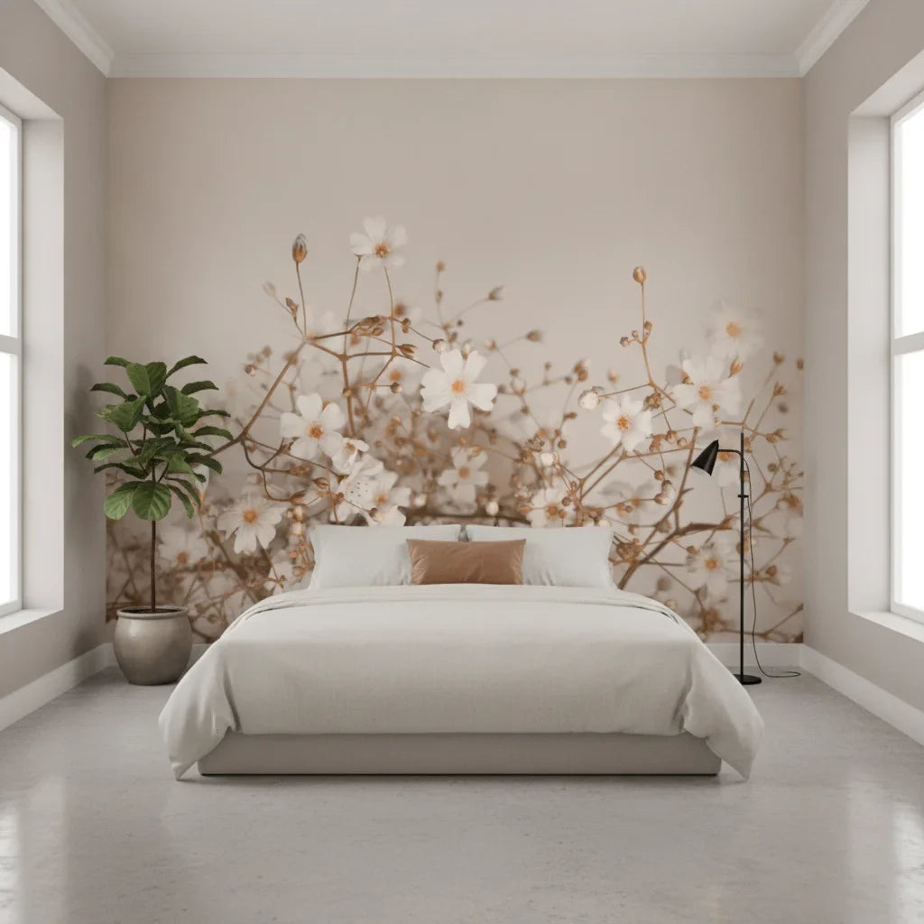 Soft Wash delicate botanical floral in a warm and inviting living room