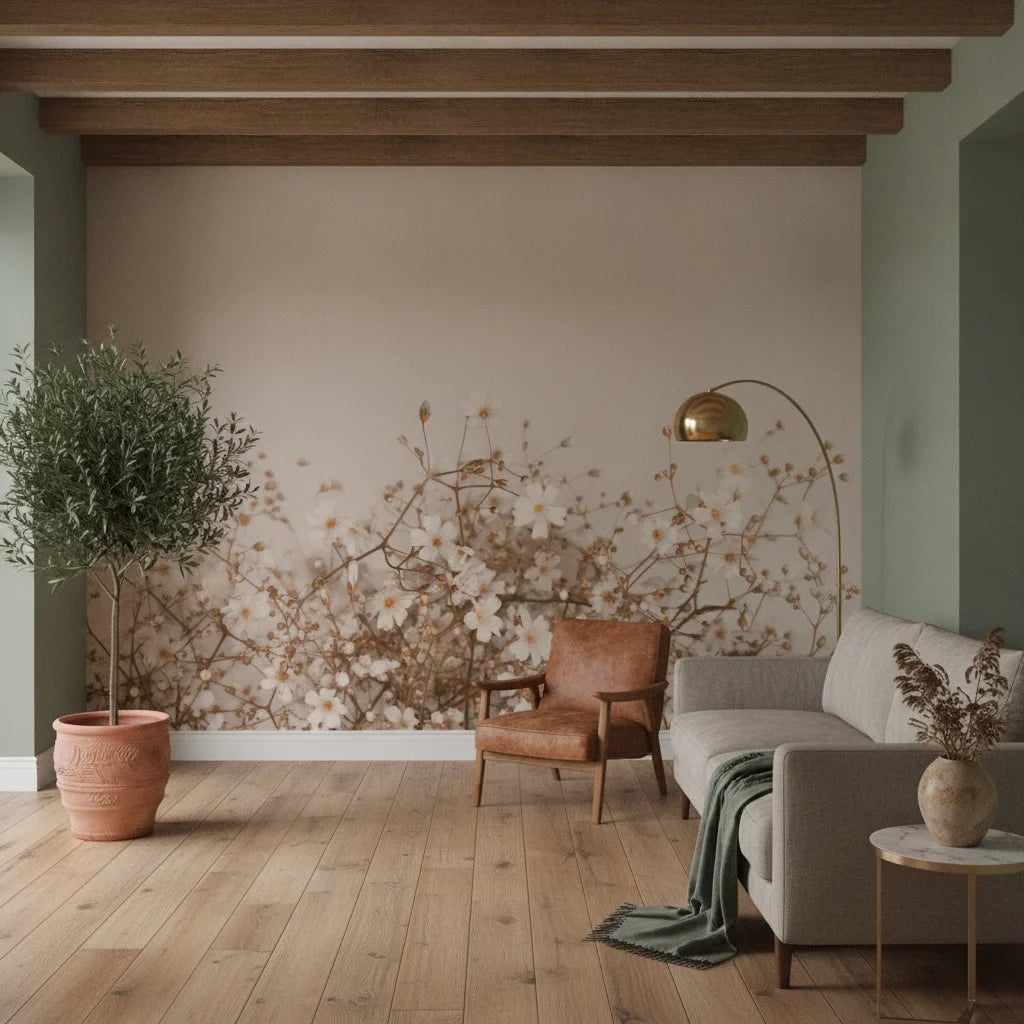 Soft Wash delicate botanical floral as a feature wall in a bright home office