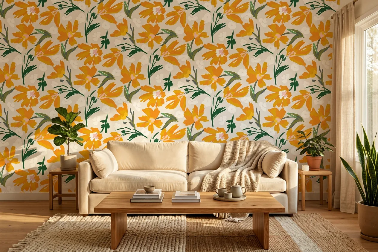 Solar Bloom bright floral wallpaper in a warm and inviting living room