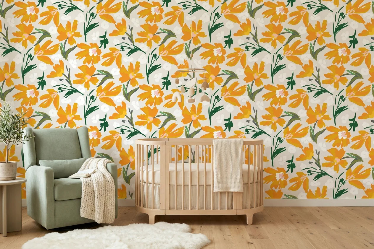Solar Bloom bright floral wallpaper as a feature wall in a bright home office