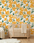 Solar Bloom bright floral wallpaper as a feature wall in a bright home office