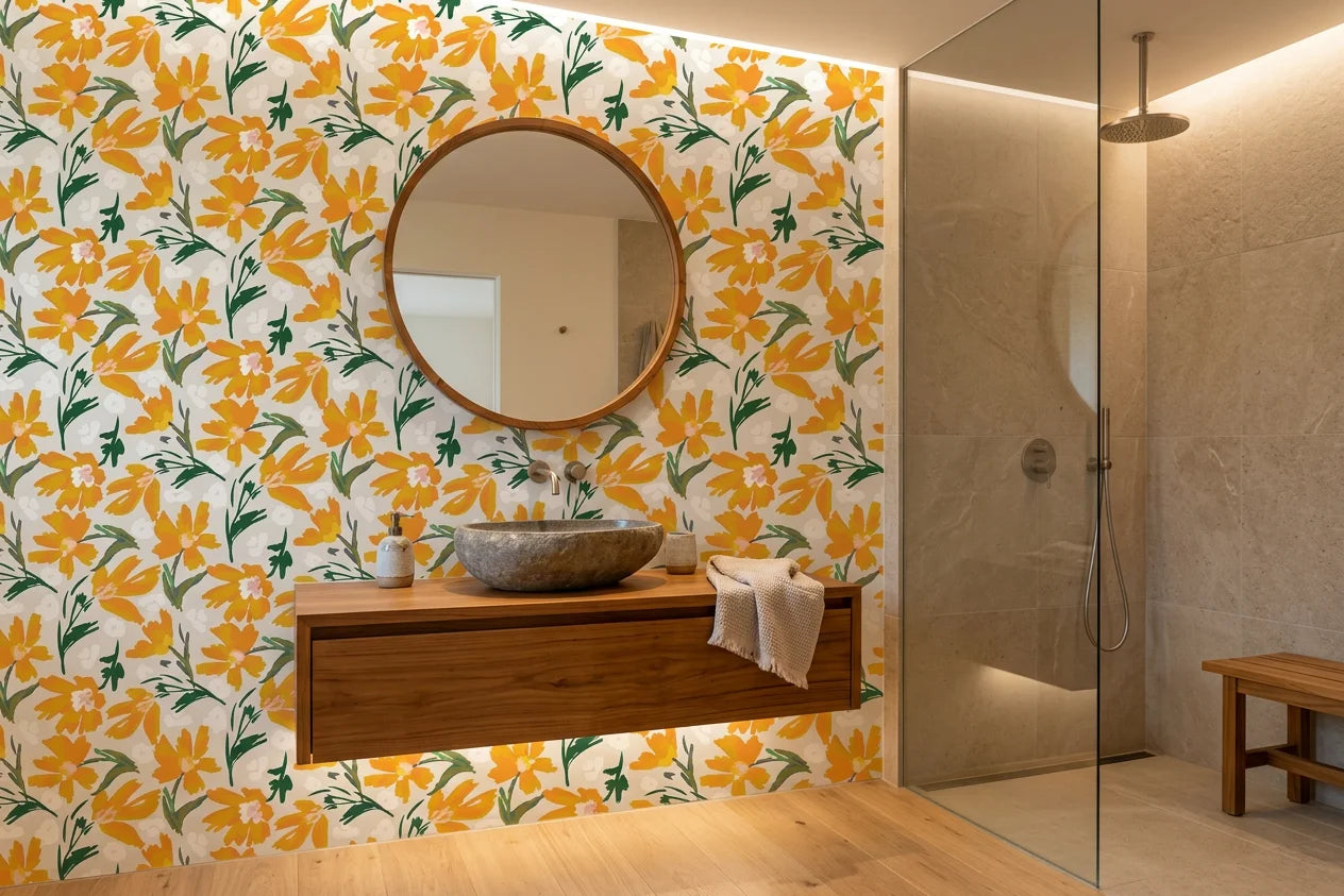 Solar Bloom bright floral wallpaper creating ambiance in a serene bathroom