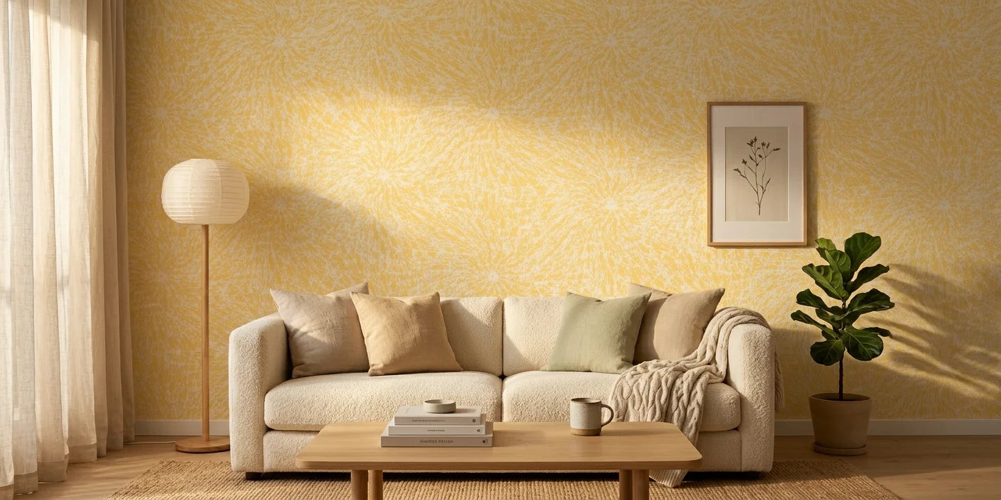 Solar Drift organic yellow wallpaper in a warm and inviting living room