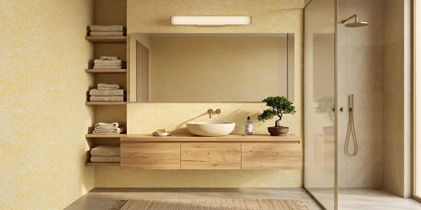 Solar Drift organic yellow wallpaper as a feature wall in a bright home office