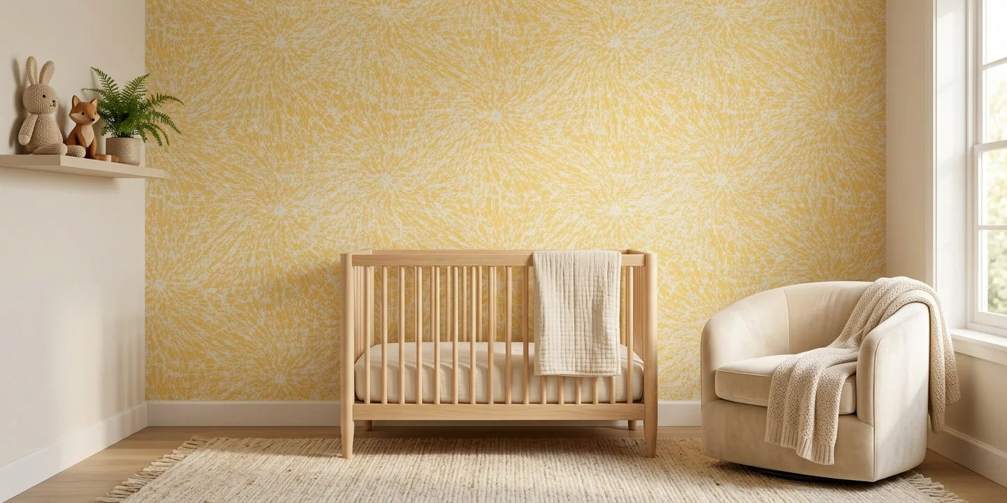 Solar Drift organic yellow wallpaper creating ambiance in a serene bathroom