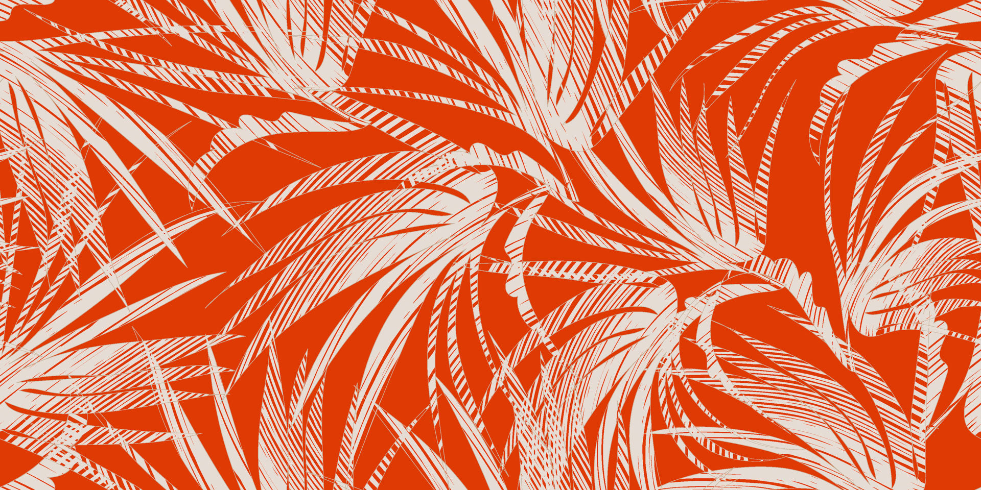 Bright orange wall covering patterned with white tropical palm fronds, Solar Fronds