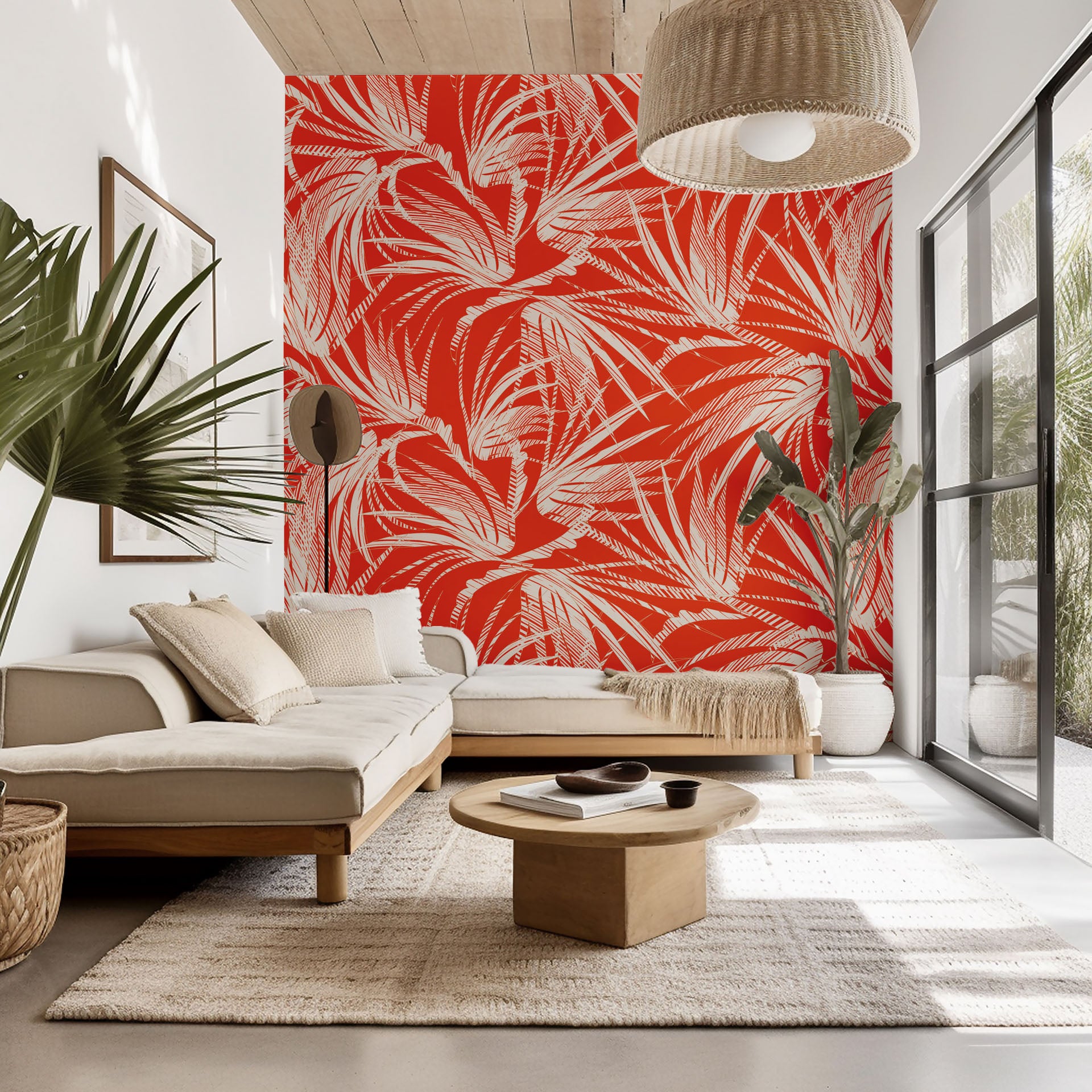 Vibrant orange wallpaper featuring a white tropical palm leaf design (Solar Fronds)