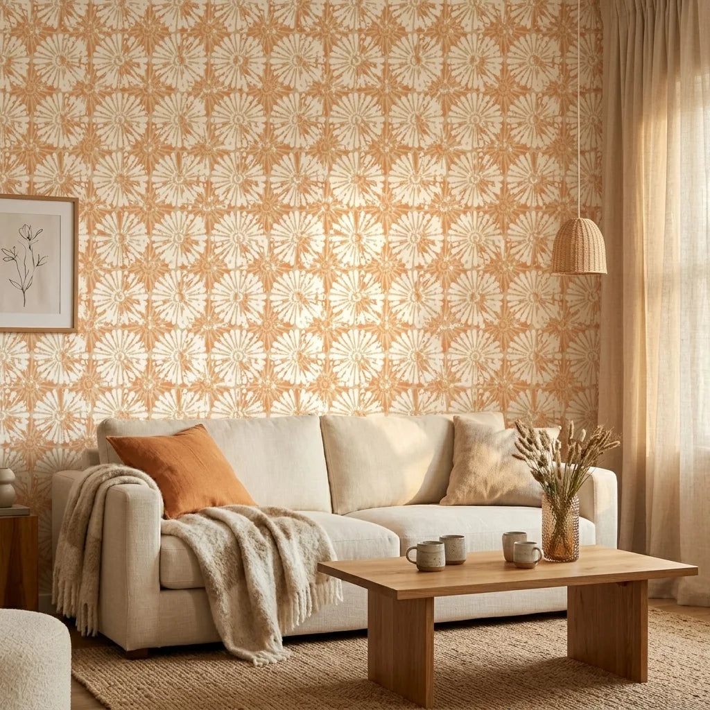 Solar Ritual peach and beige floral wallpaper in a warm and inviting living room