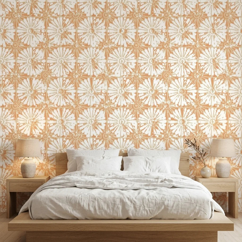 Solar Ritual peach and beige floral wallpaper adding character to a cozy bedroom