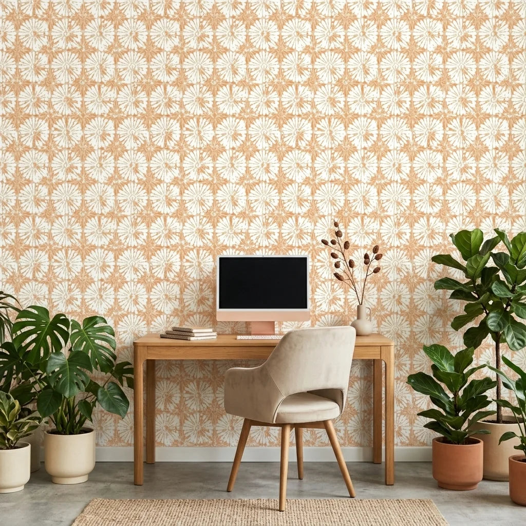 Solar Ritual peach and beige floral wallpaper as a feature wall in a bright home office