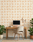 Solar Ritual peach and beige floral wallpaper as a feature wall in a bright home office