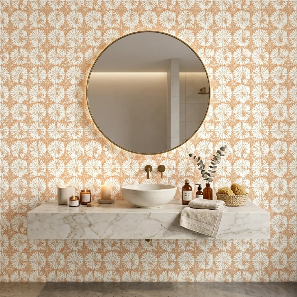 Solar Ritual peach and beige floral wallpaper creating ambiance in a serene bathroom
