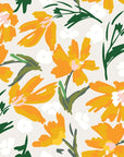 Hand-painted style, self-adhesive wallpaper featuring a vibrant yellow and orange floral pattern - Solar Bloom