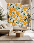 Vibrant orange and yellow self-adhesive wallpaper showcasing a brushstroke floral design (Solar Bloom)