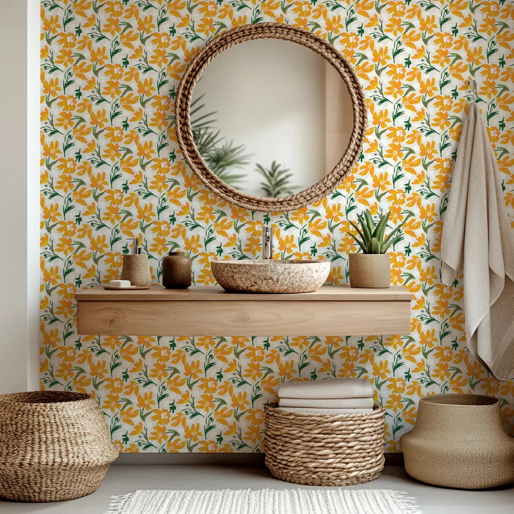 Painterly floral peel and stick wallpaper in vivid yellow and orange hues (Solar Bloom)