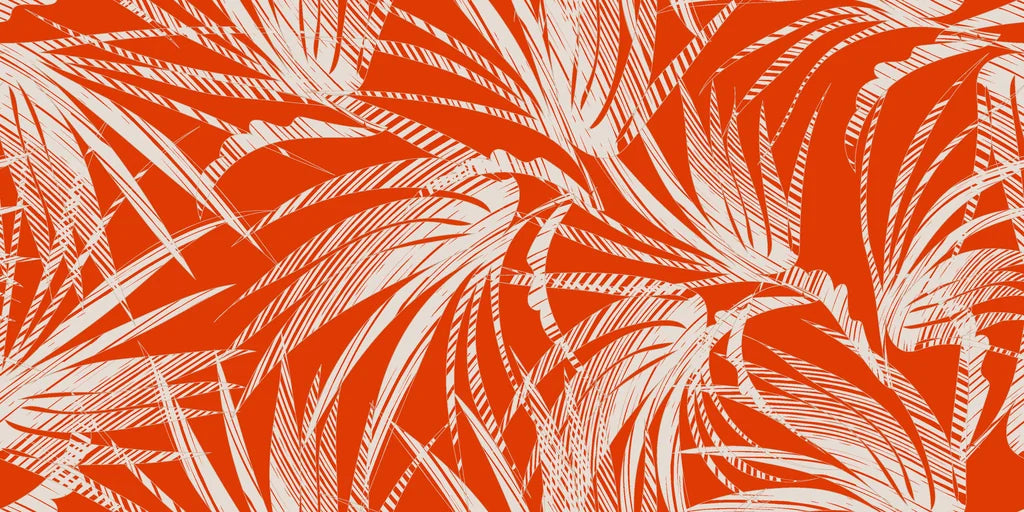Bright orange wall covering patterned with white tropical palm fronds, Solar Fronds