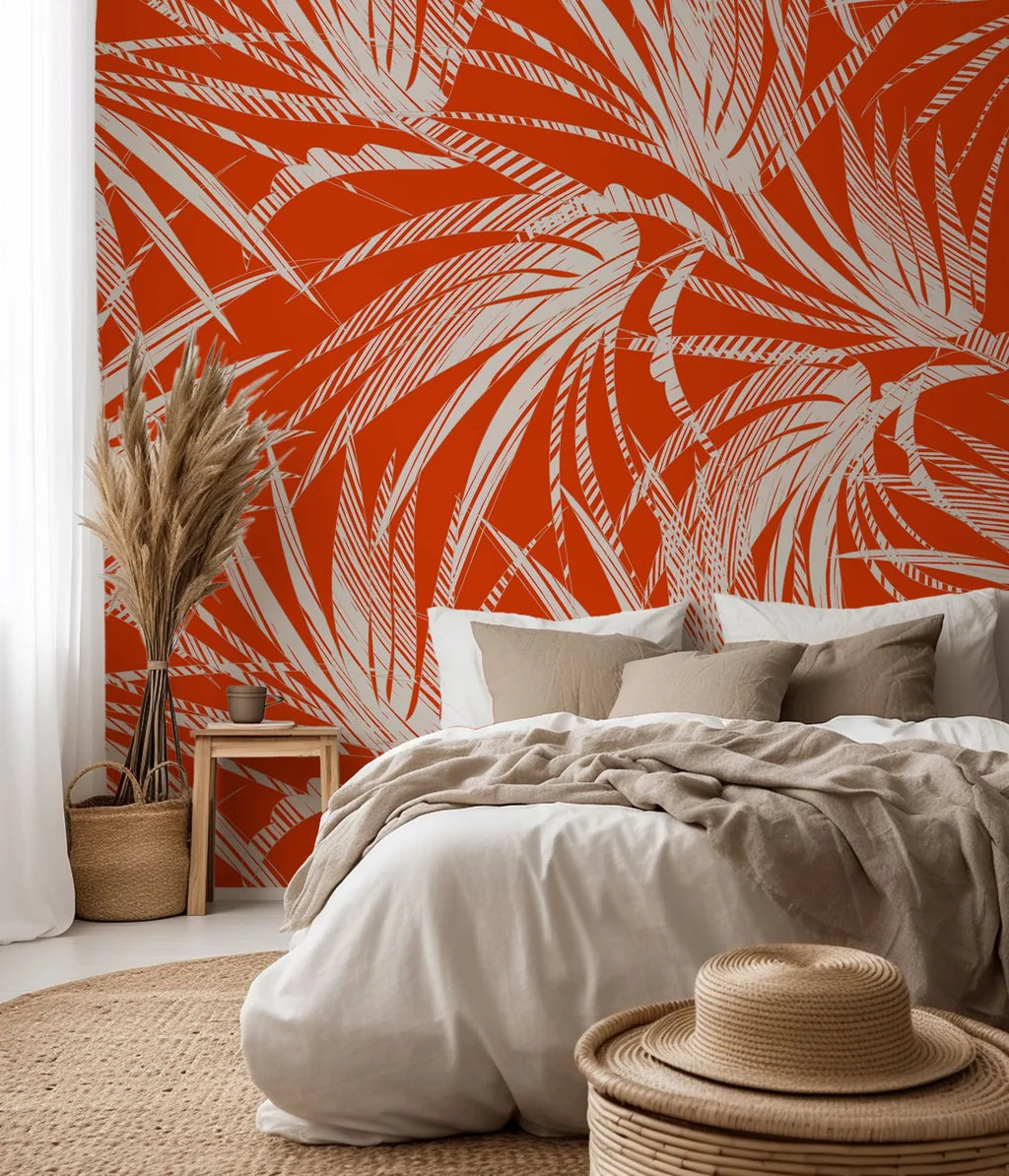 Solar Fronds wallpaper, featuring a white tropical palm print on a bold orange background