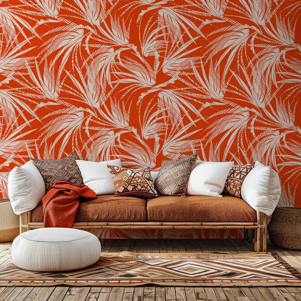 A wall covering known as Solar Fronds, showcasing a white tropical palm leaf motif against a vivid orange backdrop