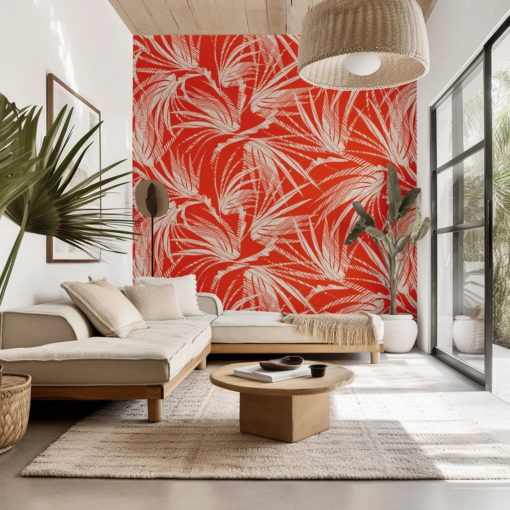 Vibrant orange wallpaper featuring a white tropical palm leaf design (Solar Fronds)