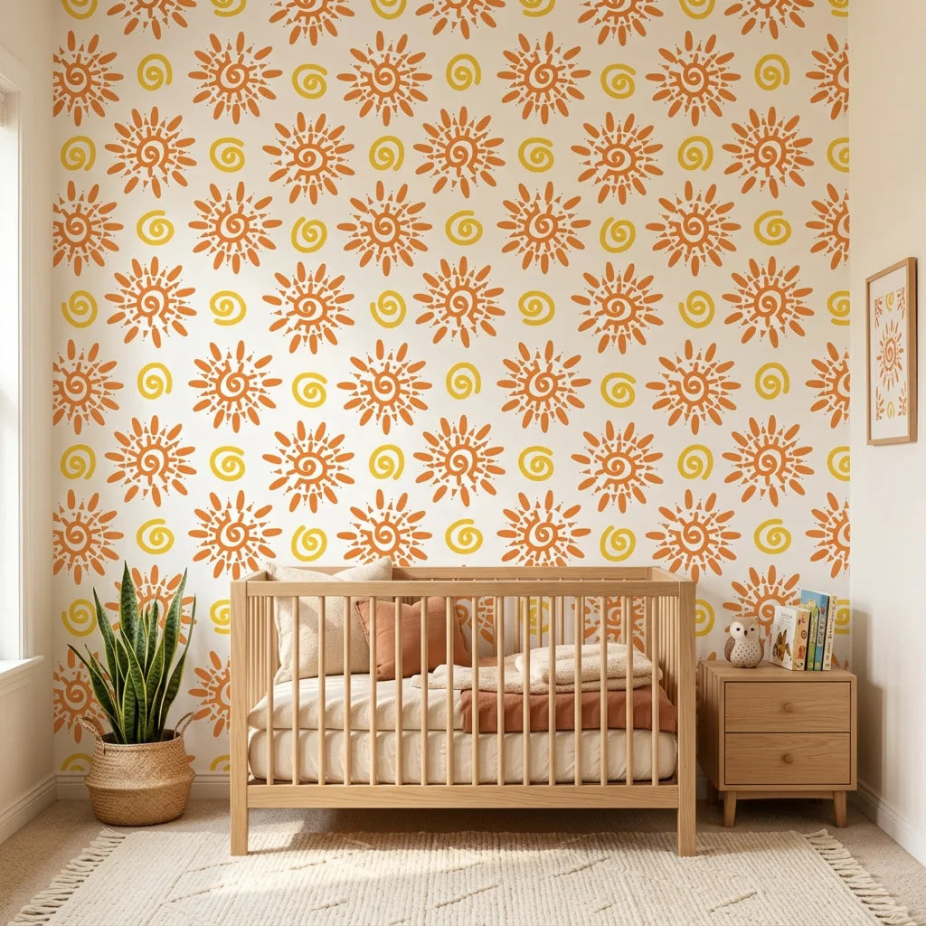 Vibrant orange folk art sun swirl peel and stick wallpaper - Solstice Bloom