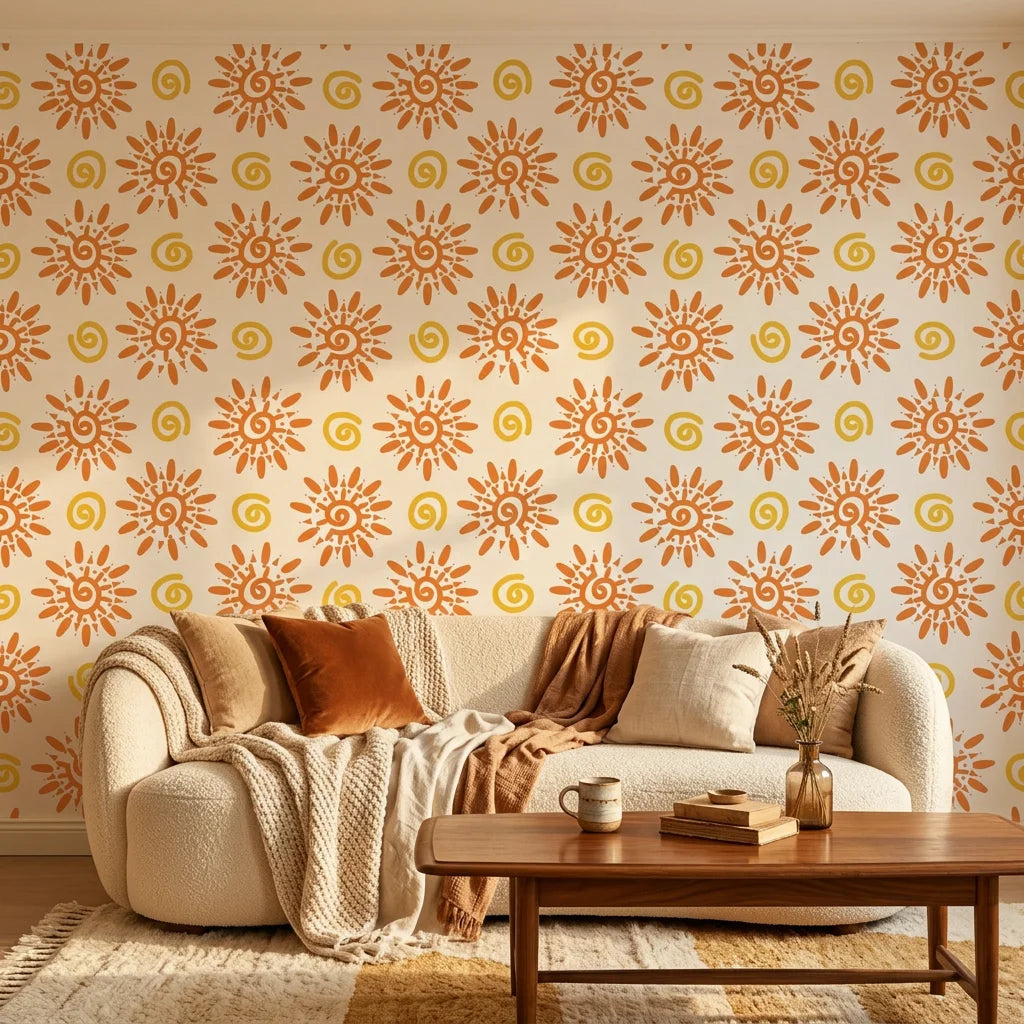 Vibrant orange folk art sun swirl peel and stick wallpaper - Solstice Bloom in a warm living room