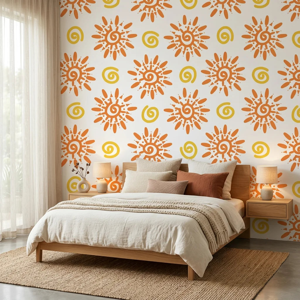 Vibrant orange folk art sun swirl peel and stick wallpaper - Solstice Bloom adding character to a bedroom