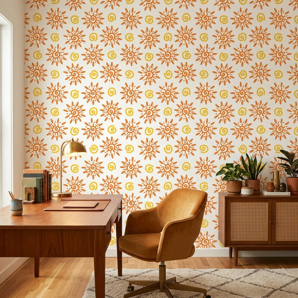Vibrant orange folk art sun swirl peel and stick wallpaper - Solstice Bloom as a feature wall in an office