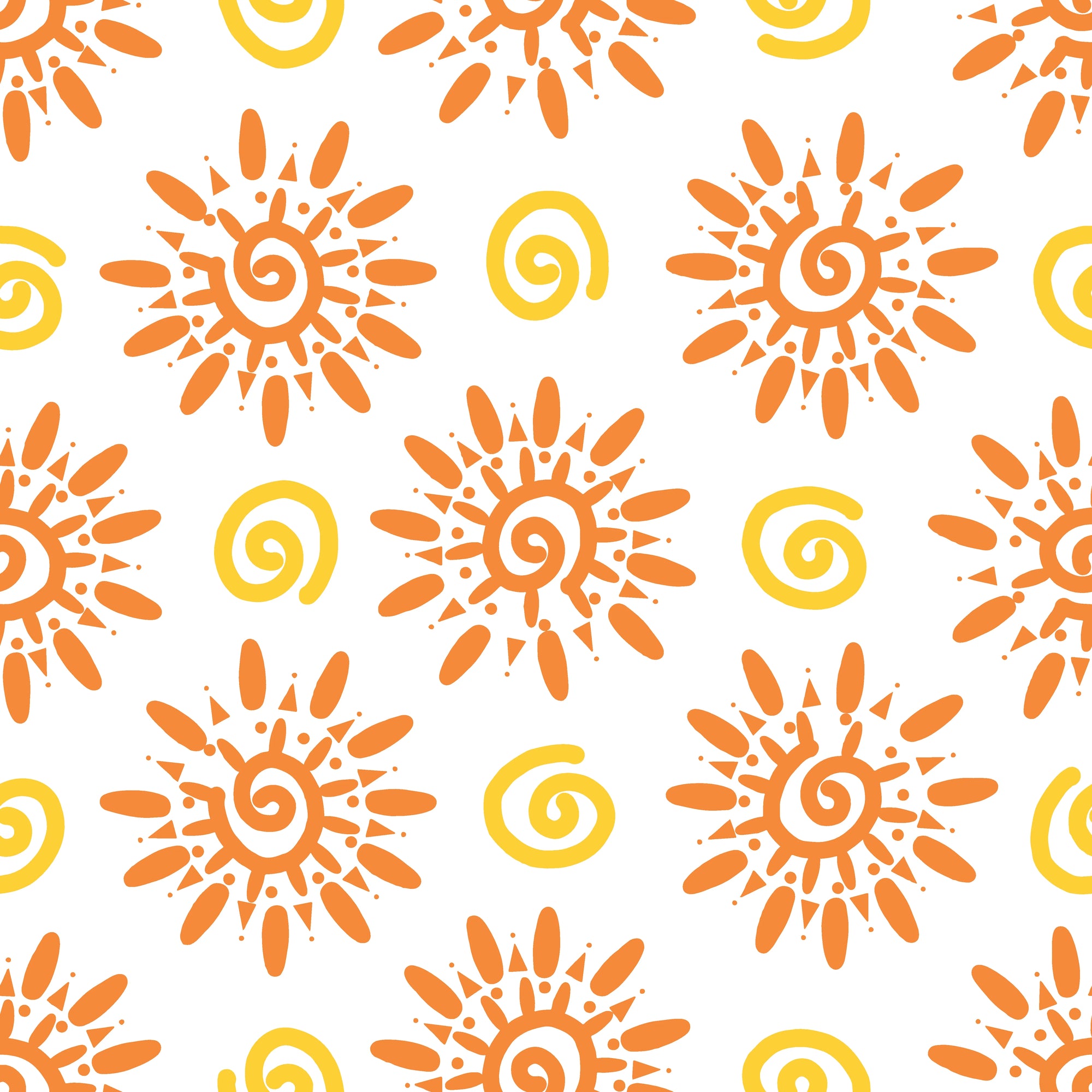 Vibrant orange folk art sun swirl peel and stick wallpaper - Solstice Bloom creating ambiance in a bathroom