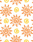 Vibrant orange folk art sun swirl peel and stick wallpaper - Solstice Bloom creating ambiance in a bathroom