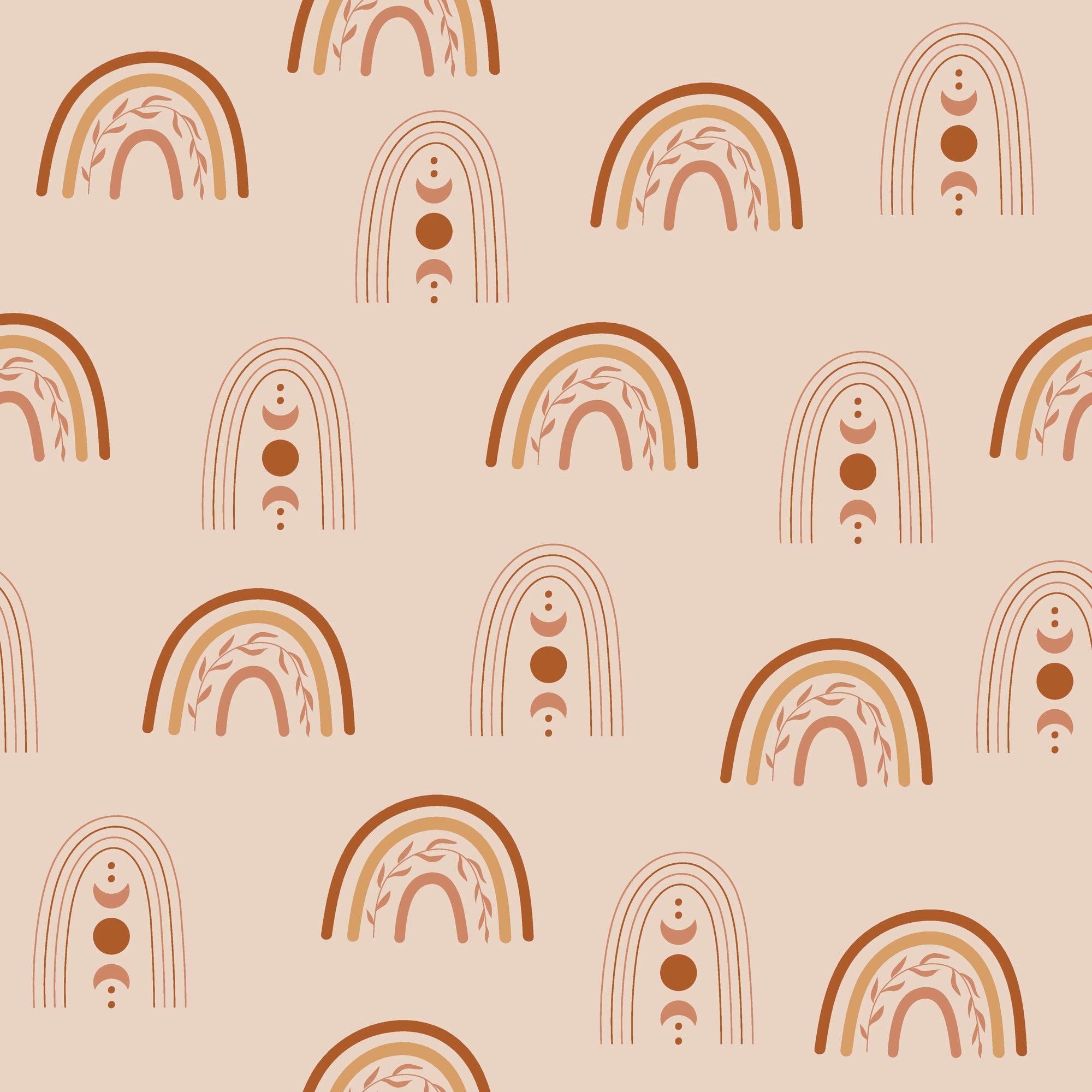 Matte terracotta rainbow and moon phase peel and stick wallpaper - Solstice Rite