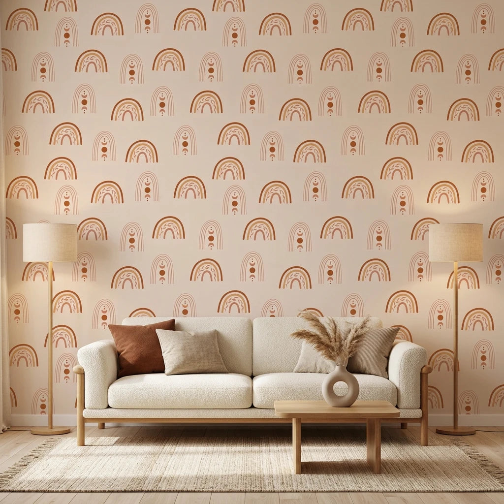 Solstice Rite boho terracotta rainbow moon wallpaper in a warm and inviting living room