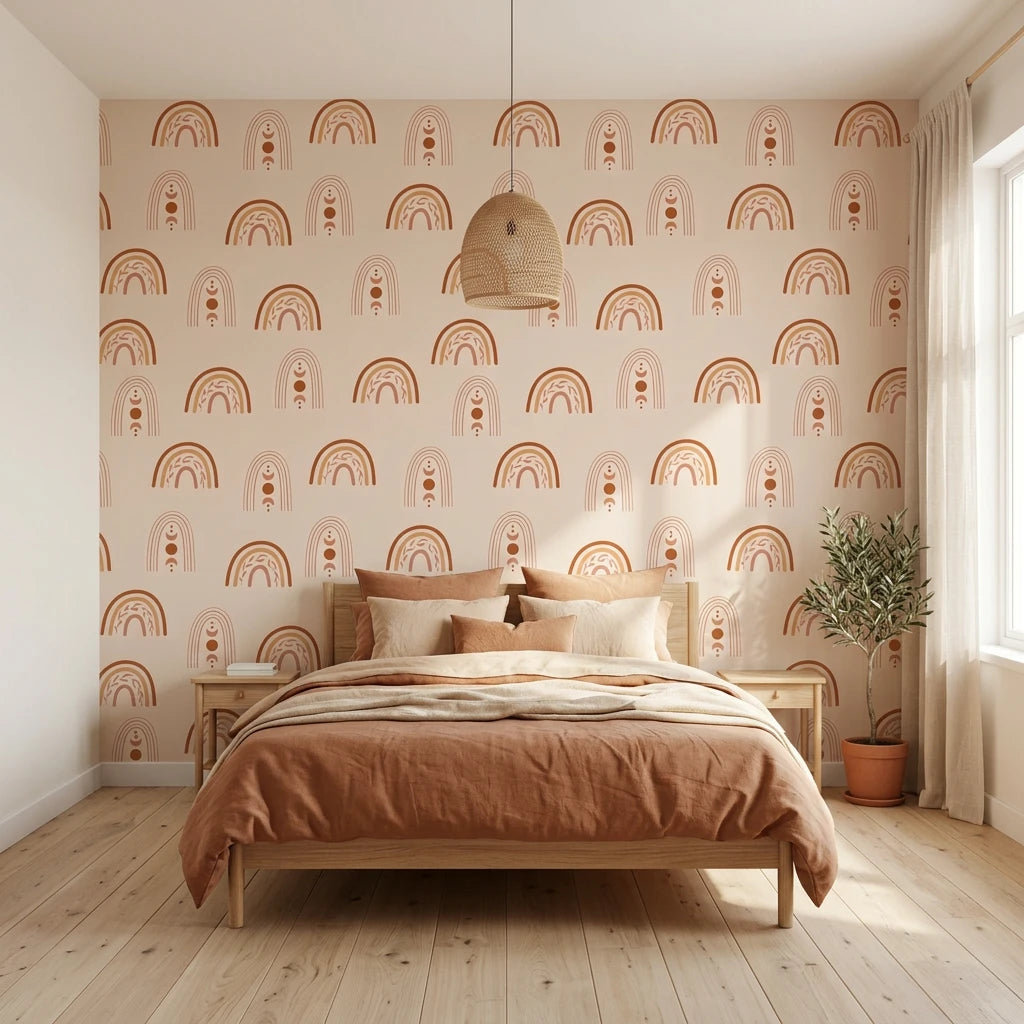 Solstice Rite boho terracotta rainbow moon wallpaper adding character to a cozy bedroom