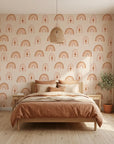 Solstice Rite boho terracotta rainbow moon wallpaper adding character to a cozy bedroom