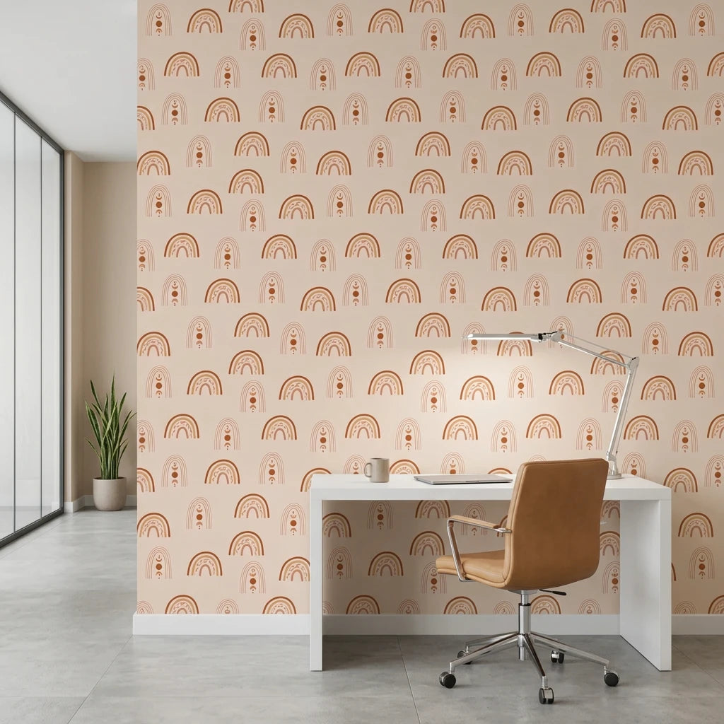 Solstice Rite boho terracotta rainbow moon wallpaper as a feature wall in a bright home office