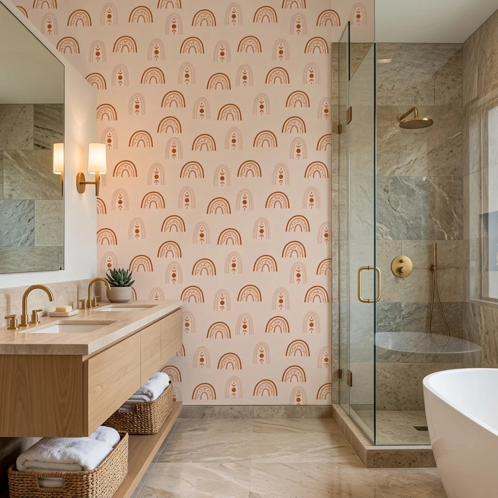 Solstice Rite boho terracotta rainbow moon wallpaper creating ambiance in a serene bathroom