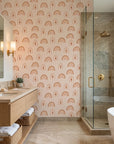 Solstice Rite boho terracotta rainbow moon wallpaper creating ambiance in a serene bathroom