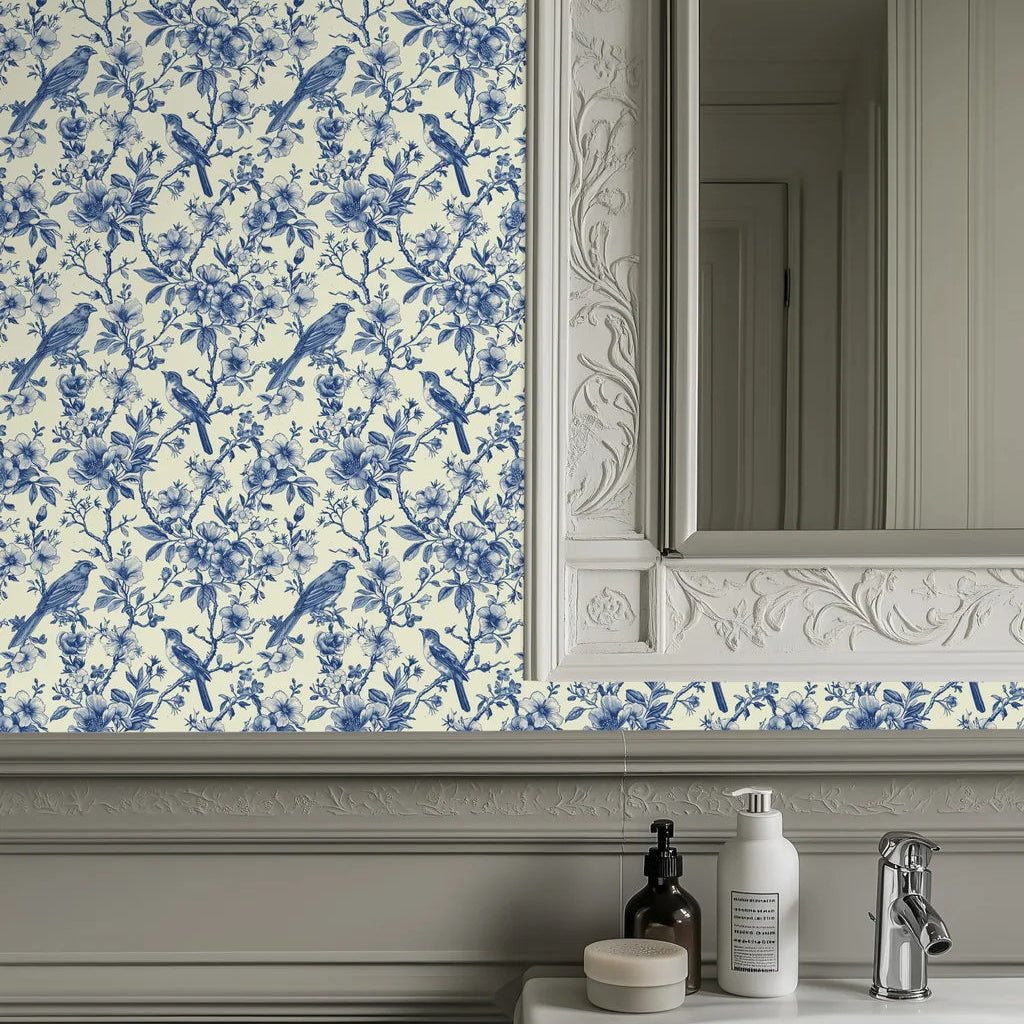 Smooth blue botanical songbird toile peel and stick wallpaper - Songbird Toile