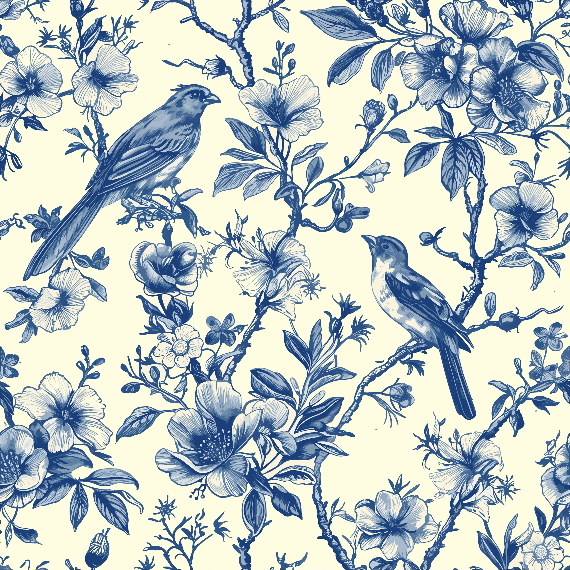 Smooth blue botanical songbird toile peel and stick wallpaper - Songbird Toile